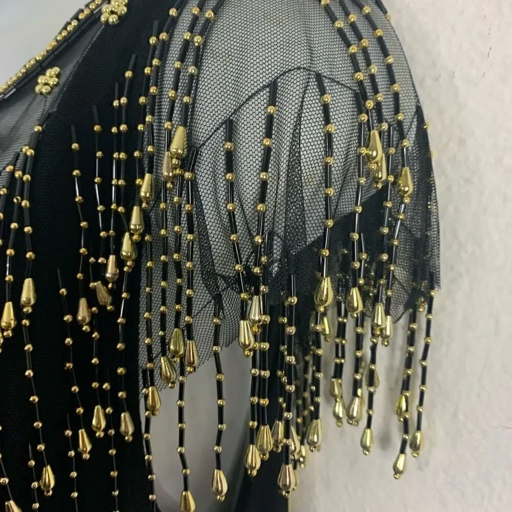 Vintage Black Christmas New Years Festive Dress w/ Gold Sheer Beaded Overlay - Picture 5 of 14